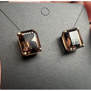 14K Solid GOLD SMOKEY QUARTZ Vintage Designer Earrings 4.4 g Emerald Cut .5”!!